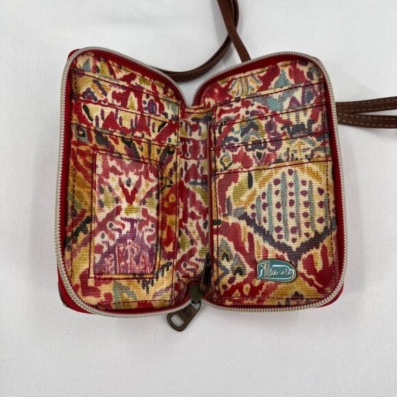 Sakroots Crossbody Phone Wallet  Red Aztec Print Shoulder Strap Brown Trim - Picture 6 of 12